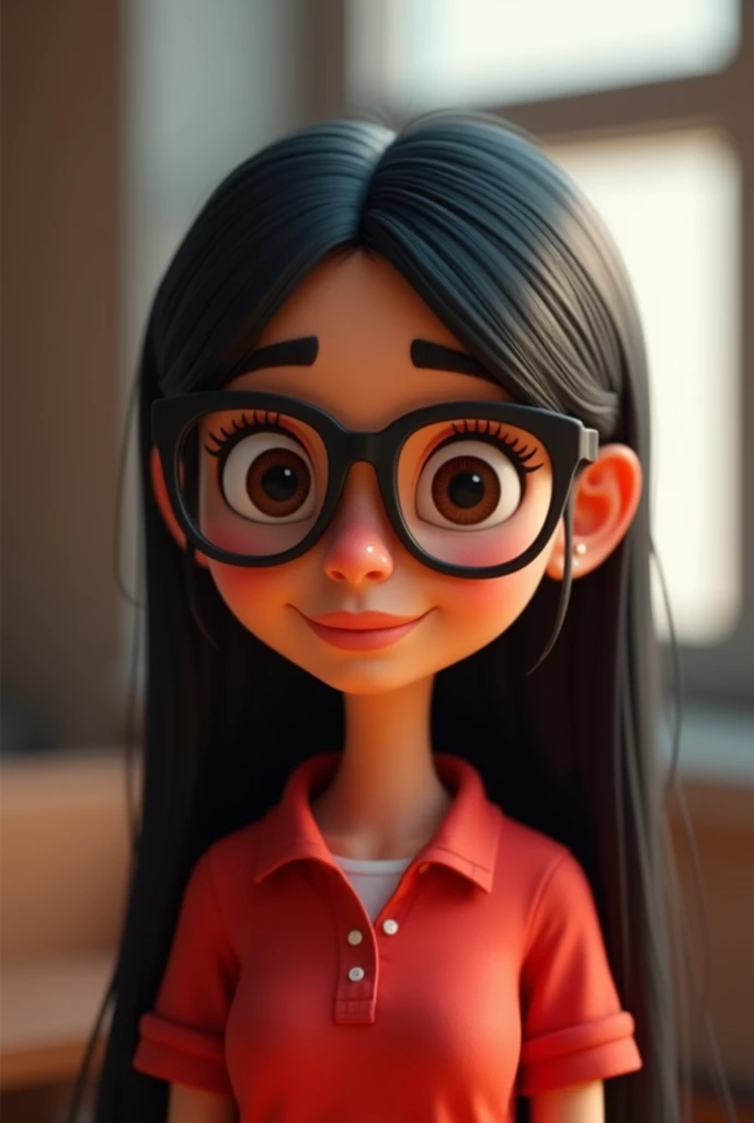 Cartoon characters of a young woman, MEDIUM BROWN BROWN SKIN, straight hair, long and black, with glasses, WITH A NOSE EARRING AND A RED POLO SHIRT, WITH animation style rendering, 3D stylized, Arnold Maya rendering, Render 3D stylized, , 3D character, 3D character, Stylized 3D rendering, 3d character rendering, cartoon character, Close-up character, Character pose, (pixar style) (master part:1.2) (bokeh) (Best Quality) (detailed skin) (detailed texture) (8k) (clay) (cinematic lighting) (sharp focus
