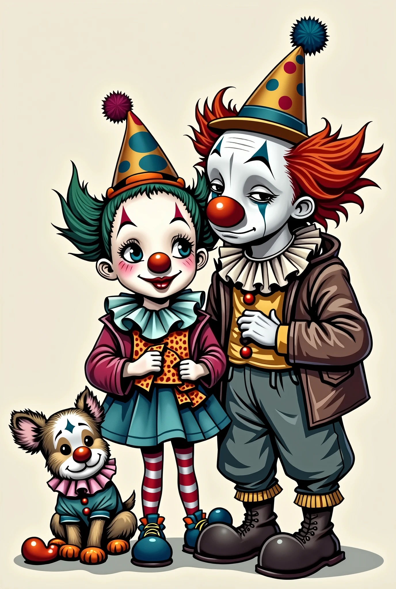 create a cartoon of a clown, black and white, sad man; a very colorful cheerful female clown, and a white and brown dog dressed as a clown.