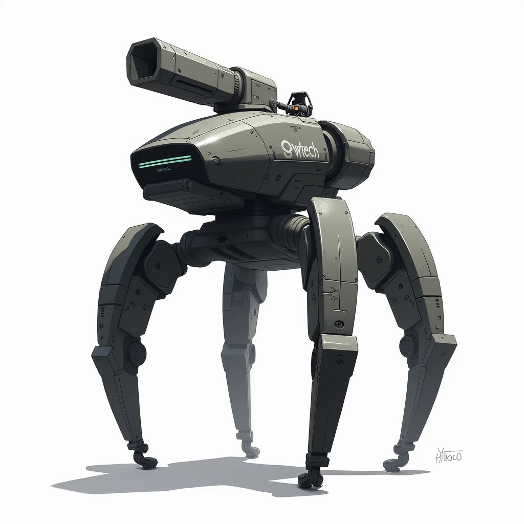 Four legged mech with a gun platform on its back, gigantic mech, full body, simple_background, white_background, reggie steel, metallic, black sand, laser sight, owtech, sci-fi, stylized, ghibli, flat monochrome drawing, light and shadow realistic, cyberpunk, futuristic, digital art, best quality, graphic animation, sfw, starsector, sci-fi style, high-tech product, sci-fi, fantasy, very detailed detail, digital painting, Trends on artstation, concept art, sharp focus, illustration,