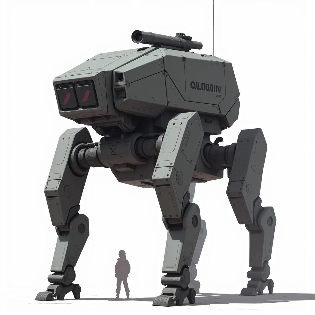 Four legged mech with a gun platform on its back, gigantic mech, full body, simple_background, white_background, reggie steel, metallic, black sand, laser sight, owtech, sci-fi, stylized, ghibli, flat monochrome drawing, light and shadow realistic, cyberpunk, futuristic, digital art, best quality, graphic animation, sfw, starsector, sci-fi style, high-tech product, sci-fi, fantasy, very detailed detail, digital painting, Trends on artstation, concept art, sharp focus, illustration,