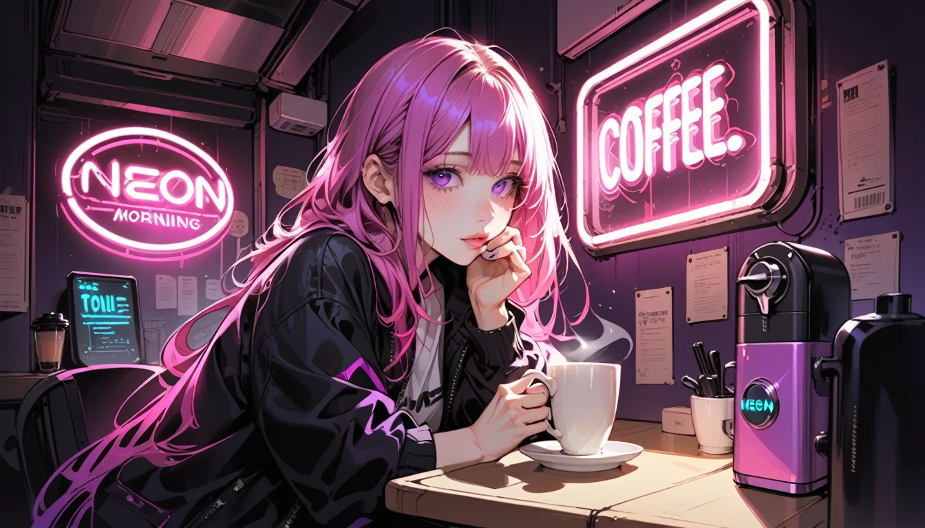 Neon Art,Illustrator, anime , Realistic ,sketch, 1 person, ,lip,Drinking coffee in the morning,(masterpiece,Highest quality) Pink and violet hair,Droopy eyes, (masterpiece,Highest quality) ,whole body,Left hand supporting face,