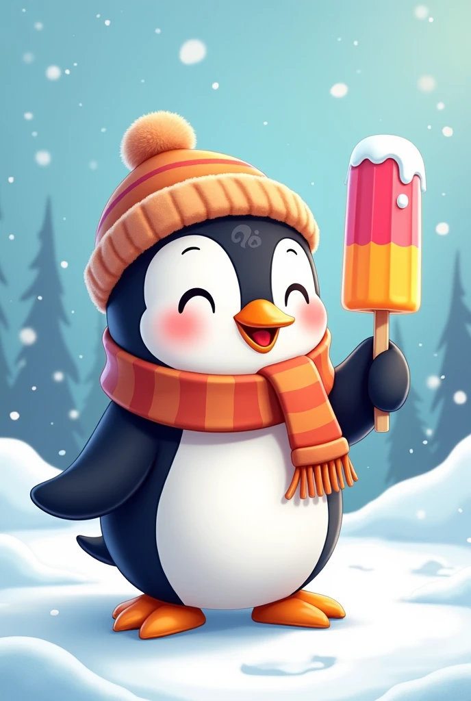 Cartoon penguin in cold weather clothes with popsicle
