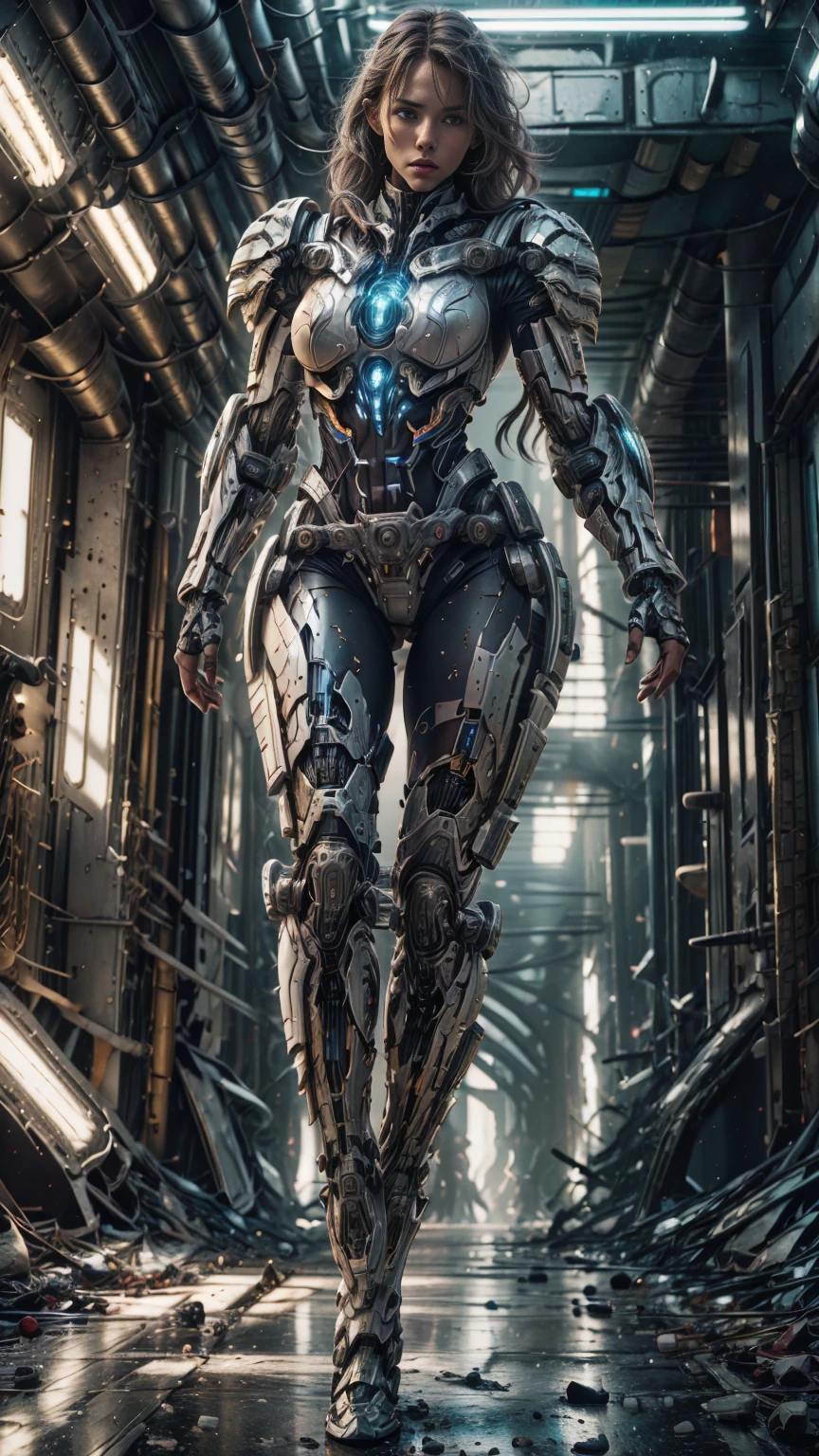 masterpiece, best quality, ultra realistic, hyper-detailed, 8k resolution, RAW photo, sharp focus, (1girl), solo, gorgeous face, perfect body, mature female, 25yo, 1/4 turned, mid-stride walking, portrait, mecha, white armor, nanosuit, sexy, messy hair, cinematic, cinematic light, dark theme