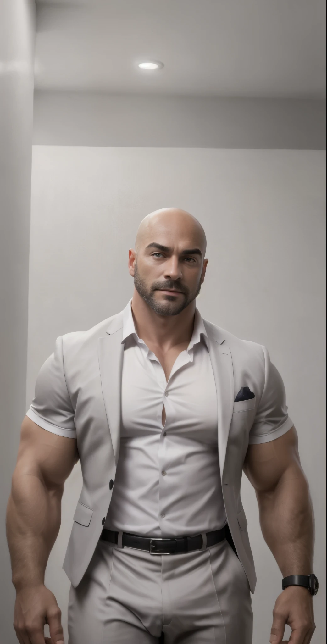 1boy, European, solo, facial hair,34 yrs old, dom, male focus, bald head, bara, muscular, mature male, muscular male, beard, short hair, thick eyebrows, fair-skinned male, thighs, fancy suit, dark skin, tie, tight white shirt, open jacket, grey business suit, cop agent uniform, feet out of frame, thick thighs, looking at viewer, masterpiece, 4k, high quality, highres, absurdres,