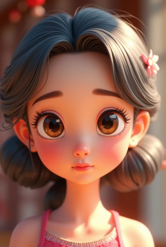 Pixar style image of a Japanese woman, Round face, with small, slanted brown eyes , brunette skin ,gray hair , slickedback hair, at shoulder height , rounded face, Disney makeup