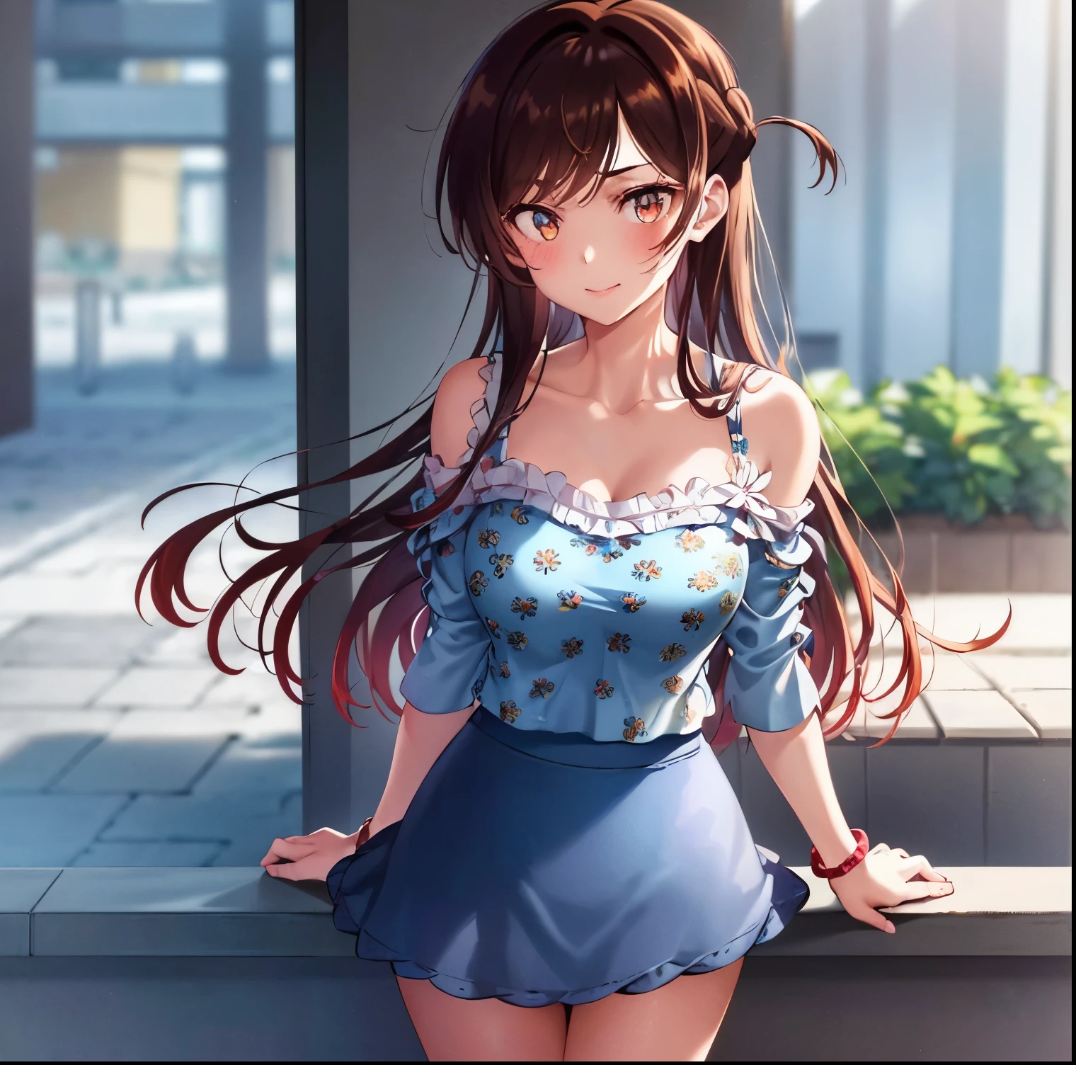 ((1girl)),((alone)),Chizuru Mizuhara, (kanokari),(masterpiece), (best quality), (ultra detailed), (best illustration), (best shadow), (absurdities), sharp focus , cowboy photo, atmospheric perspective, depth of field, dynamic posture looking at the viewer, big breasts, narrow waist, wide hips, wide thighs, round butt, erotic, romantic, (highly detailed eyes, lips 1.1), highly detailed eyes, eyes, Very detailed face, Very pretty face, Symmetrical face, Aesthetic face, perfect face, perfect eyes, detailed eyelashes: 1.5), full height, beautiful slender figure, femininity, expressive appearance, elastic big breasts, sexuality, half-open lips, eyes brown,Long hair, brown hair, braid, one side up, bangs, (( bracelet:1.2)), ((bare shoulders:1.3)), ((blue shirt:1.4)), tight shirt:1.3,(( floral print:1.2)), short sleeves, ((off shoulder shirt:1.3)), ruffles:1.2,(( blue skirt:1.4)), pleated skirt, ((short skirt:1.2)), bare arms, legs naked, black heels: 1.2, hand on hip, curves, defined body, perfect and beautiful body, perfect and beautiful, closed mouth, flirtatious expression, smile, blush, (sexy pose: 1.2), ((solo)), standing : 1.3,( (exterior,cityscape,streets, city,day, sunny,buildings, light reflection,)),looking forward,((focus on breasts:1.4)), point of view: (from above ), perfect anatomy, perfect hands