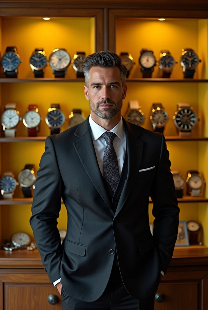homem sexy na casa dos 50, caixa de relógios na cor amarela cheia de relógios raros, relógios manuais, original,alto, muscular, bem arrumado com cabelo curto e estiloso. sempre vestindo ternos de grife.