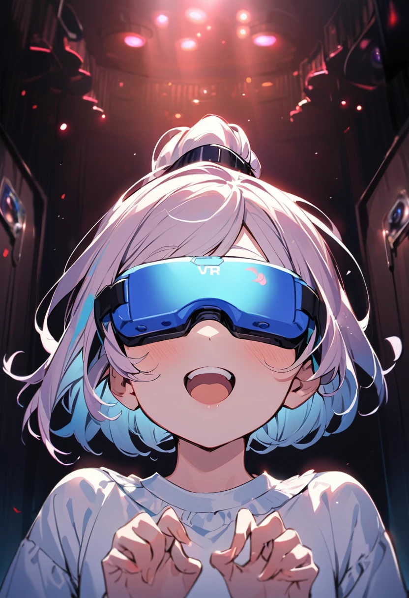 Highest quality、High resolution、Detailed Background、(Beautiful face in every detail:1.4)、Anatomically correct、Normal number of fingers、Highly detailed face、Detailed eyes、10-year-old anime girls、Perfect body line、Light color hair、Braided bob cut、ponytail、well-groomed eyebrows、Extremely excited、

(Excited girl wearing VR goggles in a dark room:1.5)、

His eyes are wide open and he is immersed in the experience inside the goggles.、Mouth slightly open or smiling widely、A part of the body is moving slightly、Your hands are shaking slightly or your body is swaying back and forth、A slight redness on the face and neck due to an increased heart rate、Totally immersed