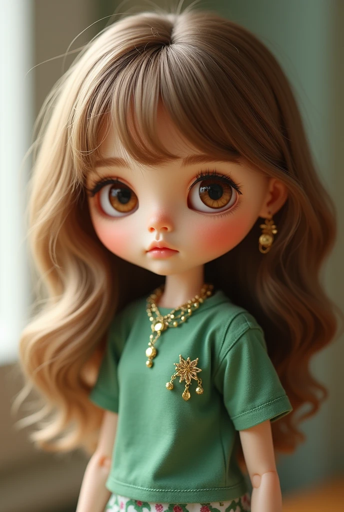 Blythe doll with brown eyes, light brown wavy hair, curtain bangs, green t-shirt, and gold jewelry.