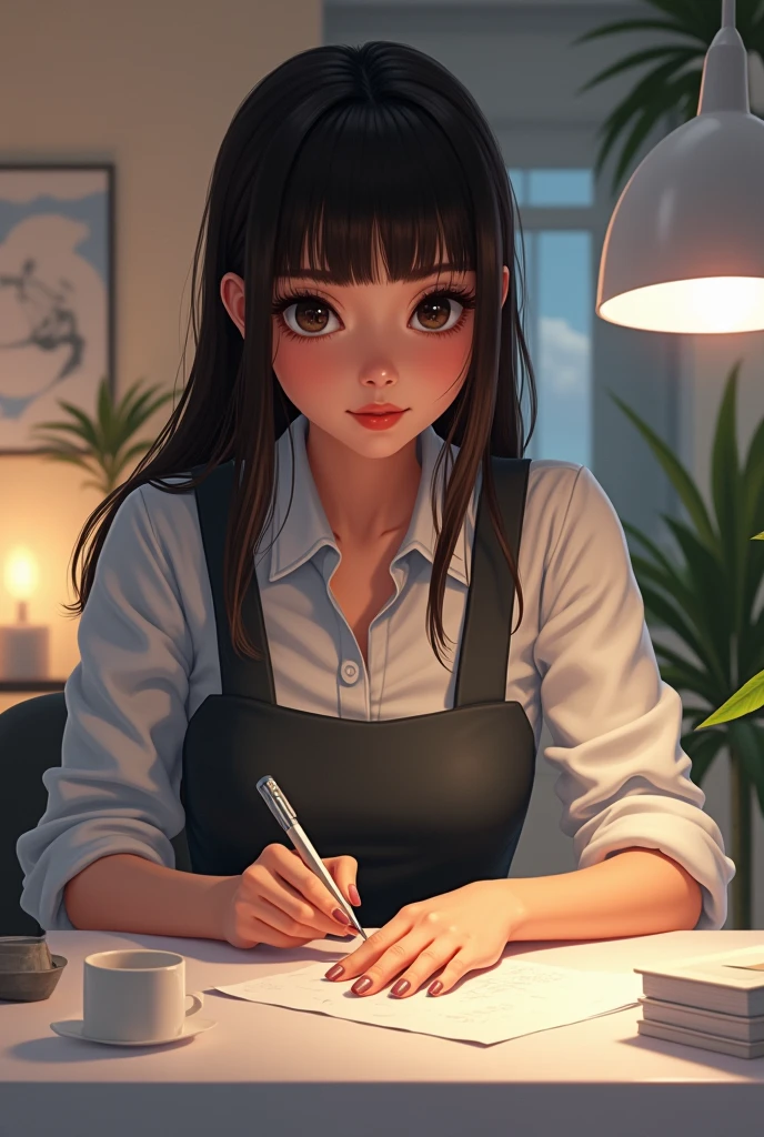 A girl height 1.53 cinnamon skin long straight hair with bangs on the forehead and black round face slightly large and black eyes slightly thick lips flat nose wearing a manicurist uniform in a salon
