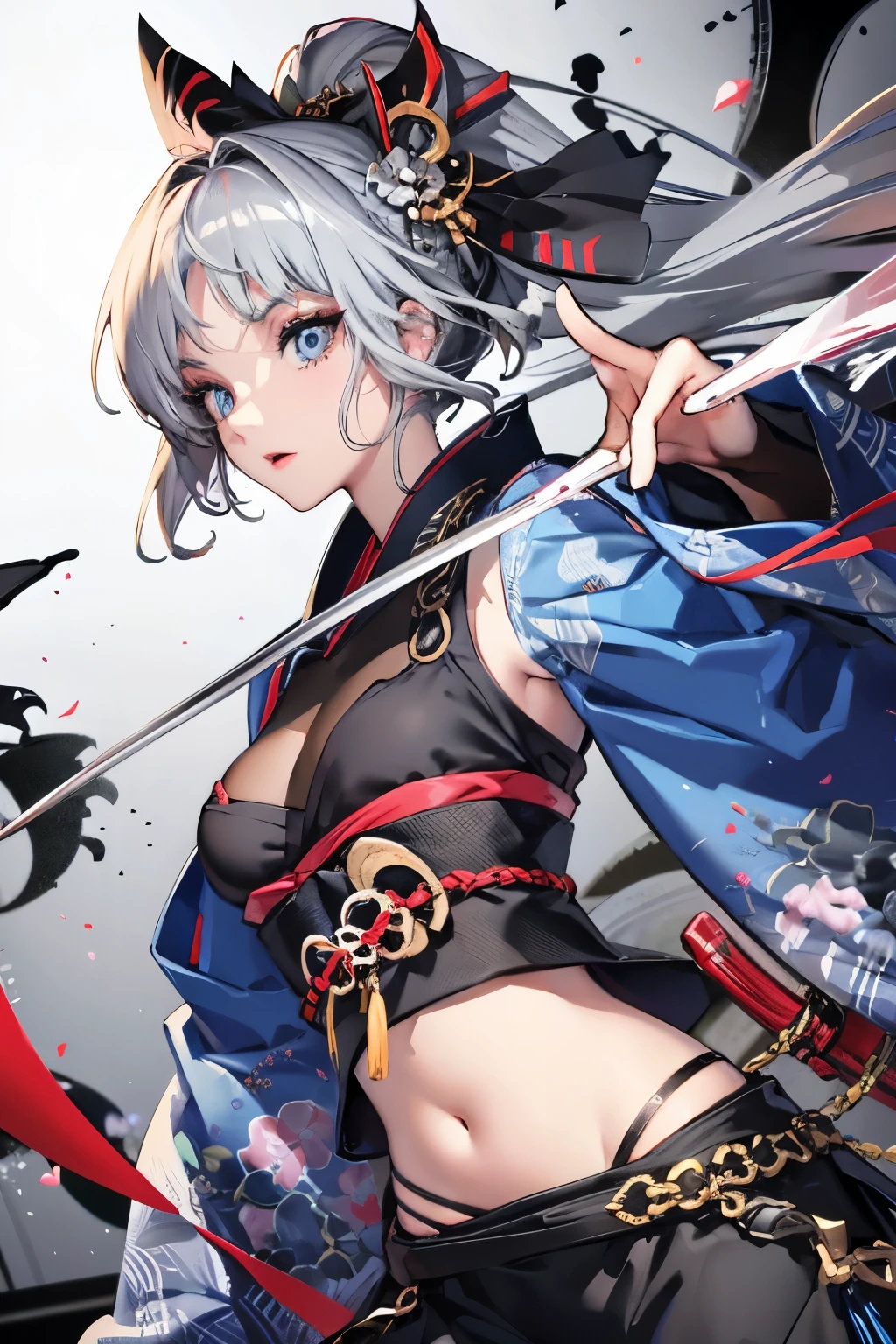 Anime girl, gray hair, blue eyes, sharp features, kimono, katana on her hip, partial makeup