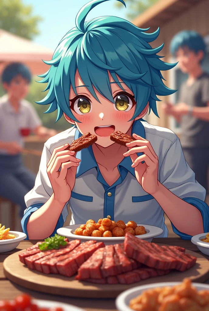 Kaito Vocaloid smiling eating asado