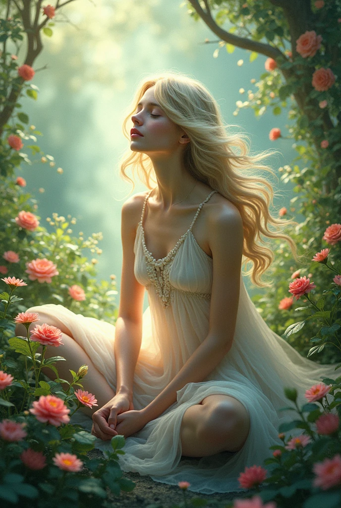 soft lighting, dreamy atmosphere, ethereal aesthetic, fantasy theme, nature elements, floral background, delicate details, flowing hair, whimsical pose, vibrant colors, sitting