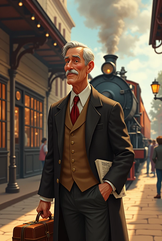 Make a short, old Disney-type gentleman leaving town on an old-fashioned train.