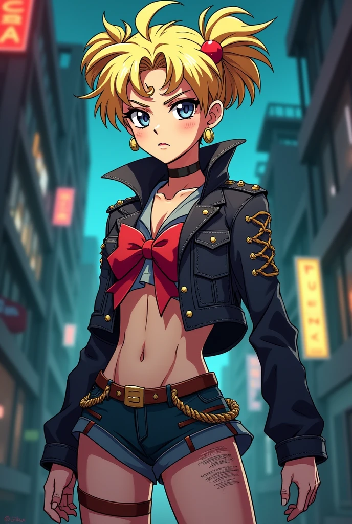 Sailor moon, punk, blonde mohawk haircut, anime style.