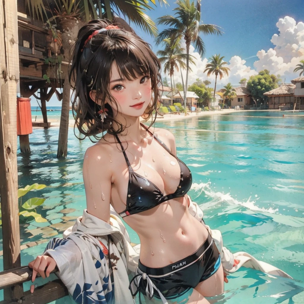 ((highest quality, masterpiece, High resolution)), ((reality)),Photos of beautiful Japanese women,((anime art))、 (((1 girl))), normal size breasts, slim body shape, long ponytail,double eyelid, Wet see-through bikini,Clean abs, A pareo with bold ethnic patterns and plenty of primary colors、(Brown skin:1.4),realistic skin、Wet,whole body,cinematic light、tropical、Against the background of palm trees on both sides、on a sunny beach、With the sea in the background、blur background、smile