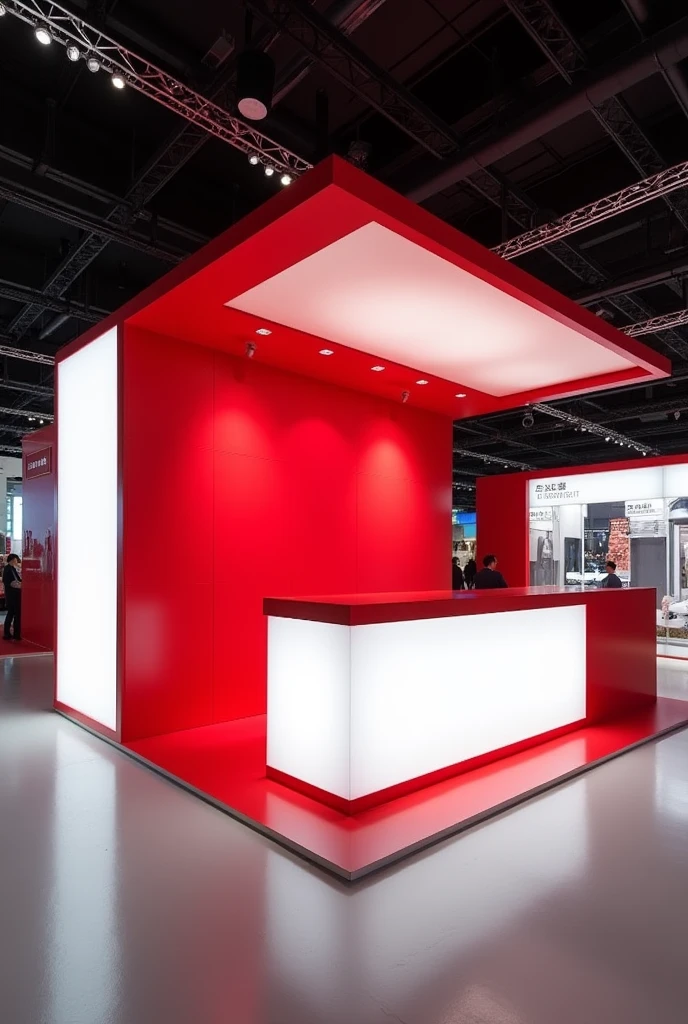 I need an image of an advertising stand for exhibition, which measures 3.00 meters wide by 2.00 meters deep by 2.40 meters high, which is innovative and at the same time simple but elegant, combines the colors red and white, leaves on the side walls space to put advertising
