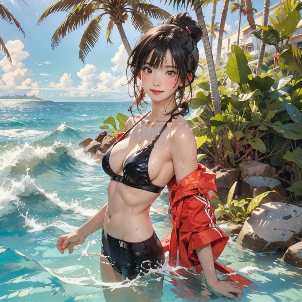 ((highest quality, masterpiece, High resolution)), ((reality)),Photos of beautiful Japanese women,((anime art))、 (((1 girl))), normal size breasts, slim body shape, long ponytail,double eyelid, Wet see-through bikini,Clean abs, A pareo with bold ethnic patterns and plenty of primary colors、(Brown skin:1.4),realistic skin、Wet,whole body,cinematic light、tropical、Against the background of palm trees on both sides、on a sunny beach、With the sea in the background、blur background、smile