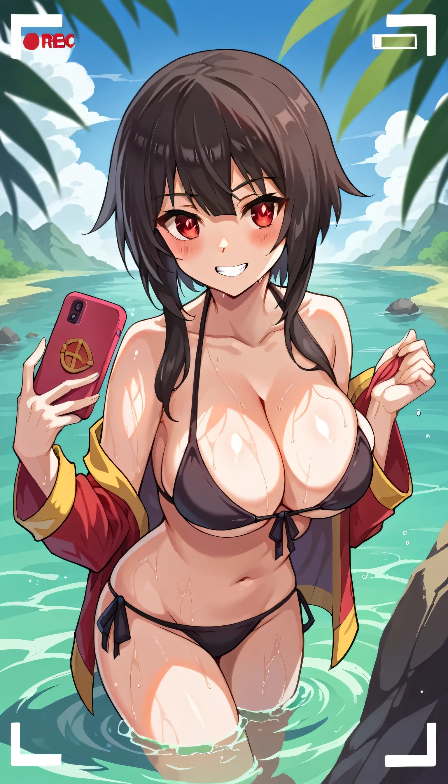 side-tie bikini, breasts, 1girl, bikini, swimsuit, bikini, wet, smile, navel, solo, viewfinder, phone screen, looking at viewer, grin, wading, large breasts, water, collarbone, cleavage, user interface, recording, blush, megumin, short hair, black hair, red eyes, side locks, long locks