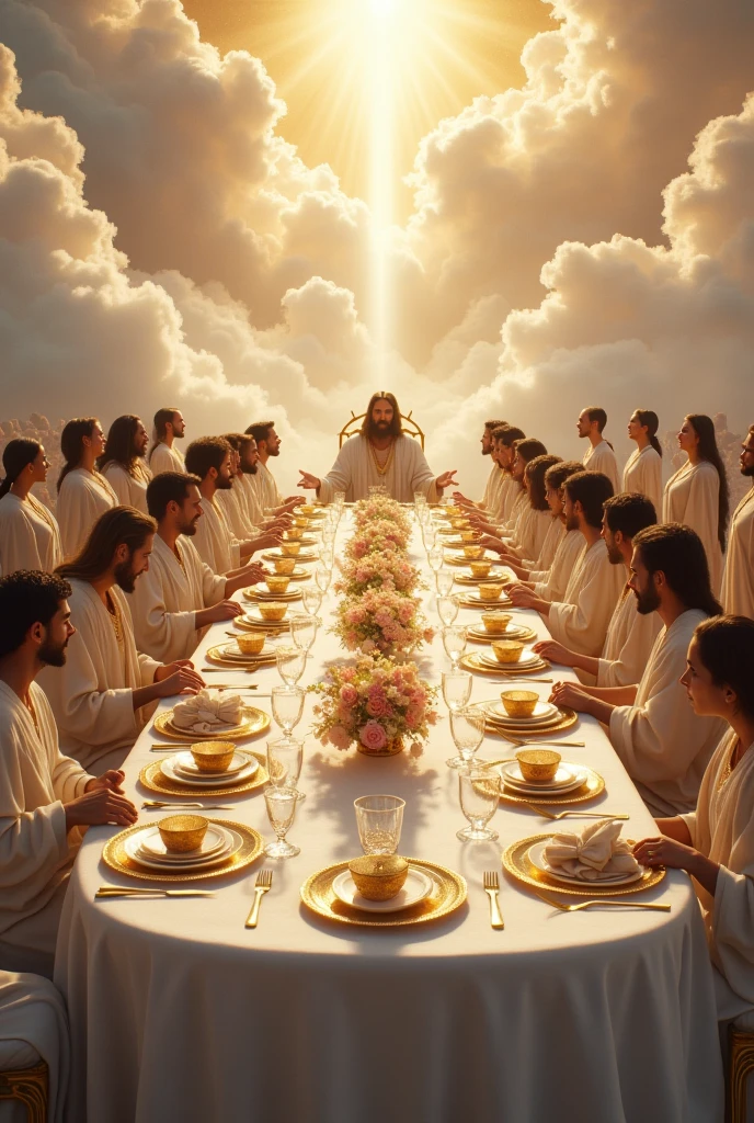 Create an extremely long table with Jesus sitting in the background with a white tablecloth and flower centerpieces, dressed up like for a wedding, with gold plates and cups, and golden chairs and men and women dressed in white robes coming to sit on the chairs among the clouds of the sky