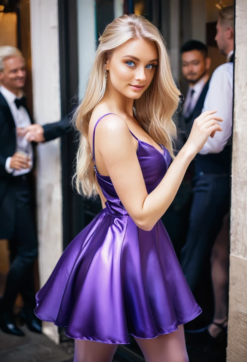 Paris Hilton in blue strapless dress with v-neckline