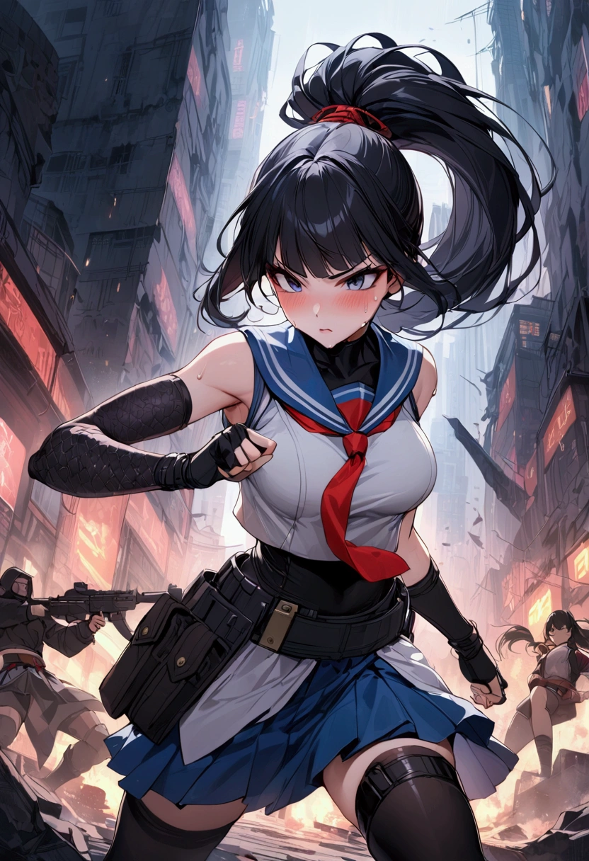 1girl solo, {{action}},Detective Sailor Suit,A little cyberpunk style,sailor-fighter, Dynamic composition,{{fight}},{{masterpiece}}, {{{Highest quality}}},{{Very detailed}},Tucked Out Sailor Uniform,white Sleeveless sailor suit with long length with red tie ,Refurbished Uniforms ,{{long Arm Cover}} , blue skirt high socks holster ,Fight, Dark ruins,{{v-shaped eyebrows}},Bad mood,blush,Sweat,raise one's eyebrows ,Black hair Long hair,Blunt bangs ,black armlet ,martial arts belt , female ninja, japanese clothes Lace-patterned arm cover, ,ponytail, cyberpunk ,Black fingerless gloves,Chinese clothing