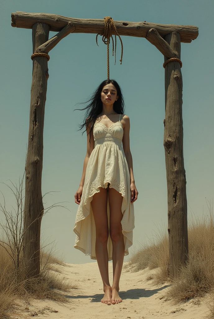 Dead girl, hanging, noose around neck, gallows, details, sunlight