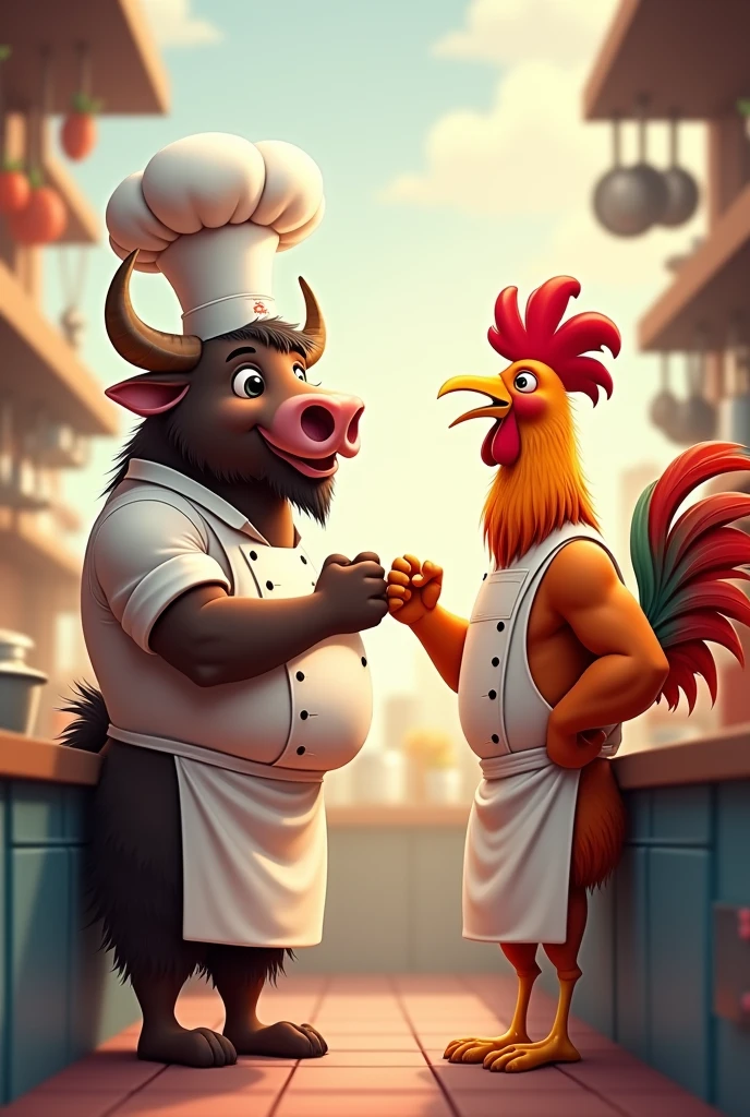 Animated image of a muscular buffalo chef with a rooster chef fist bumping in a friendship gesture
