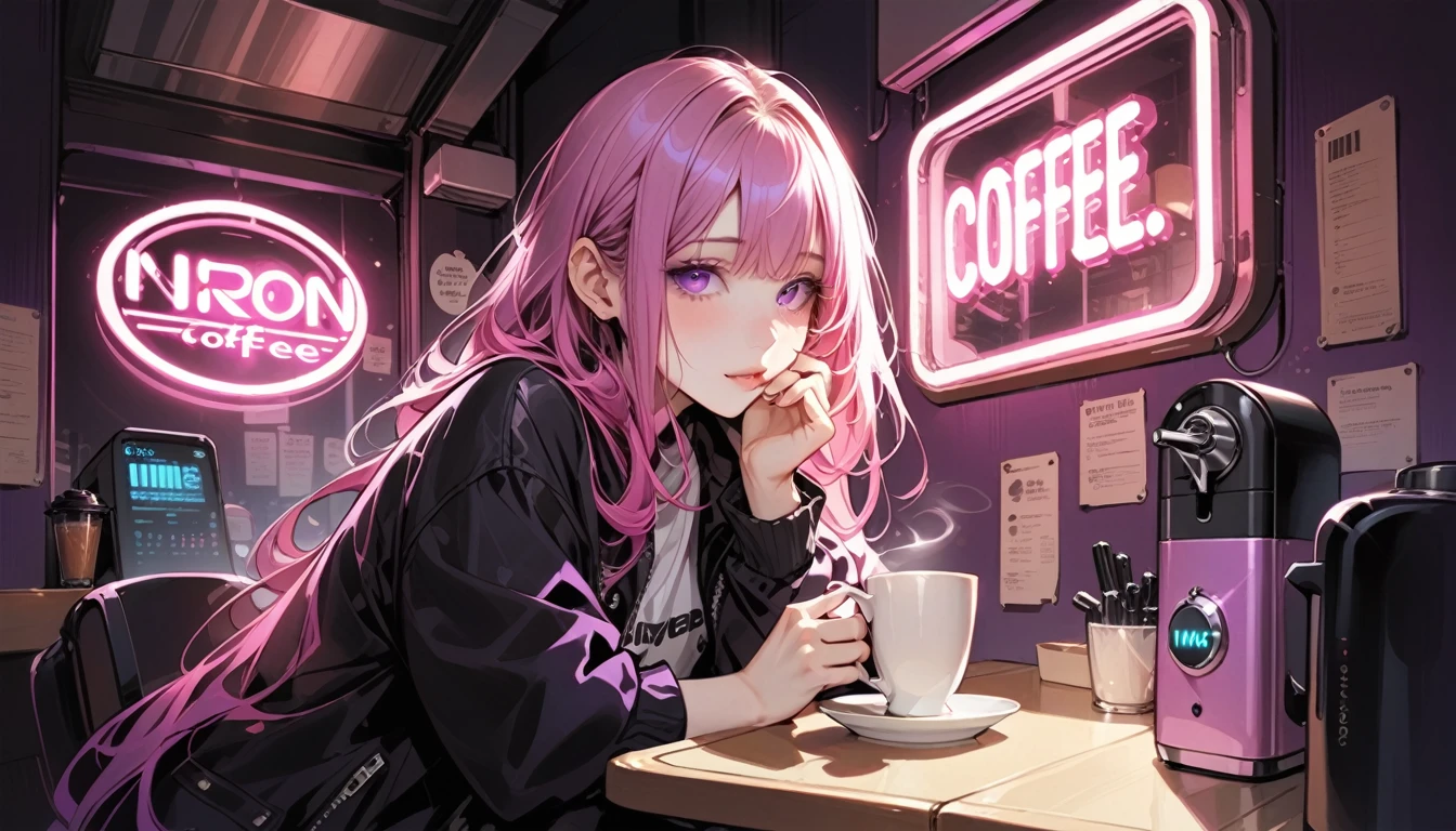 Illustrator, anime , Realistic ,sketch, 1 person, ,lip,sitting on a sofa in a cafe in the morning,Drinking coffee,(masterpiece,Highest quality) Pink and violet hair,Droopy eyes, (masterpiece,Highest quality) ,whole body,Left hand supporting face,