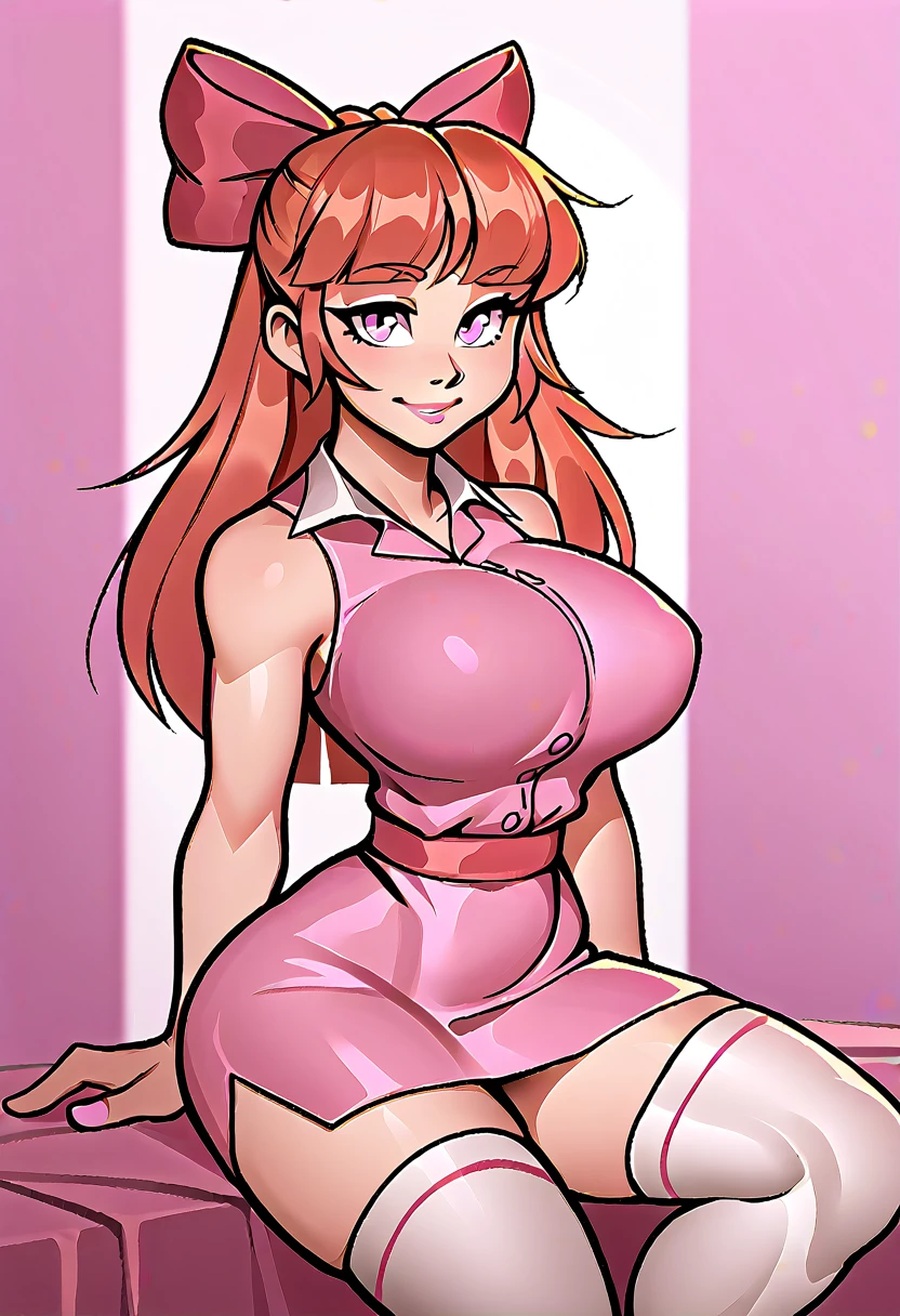 score_8_up. score_7_up, score_9, masterpiece, adult BREAK
1girl, red hair, long hair, red bow, hair bow, large breasts, thighs, hair ribbon, blossom \(ppg\), blossom \(powerpuff girls\), pink eyes, pink dress, sleeveless, white legwear,
