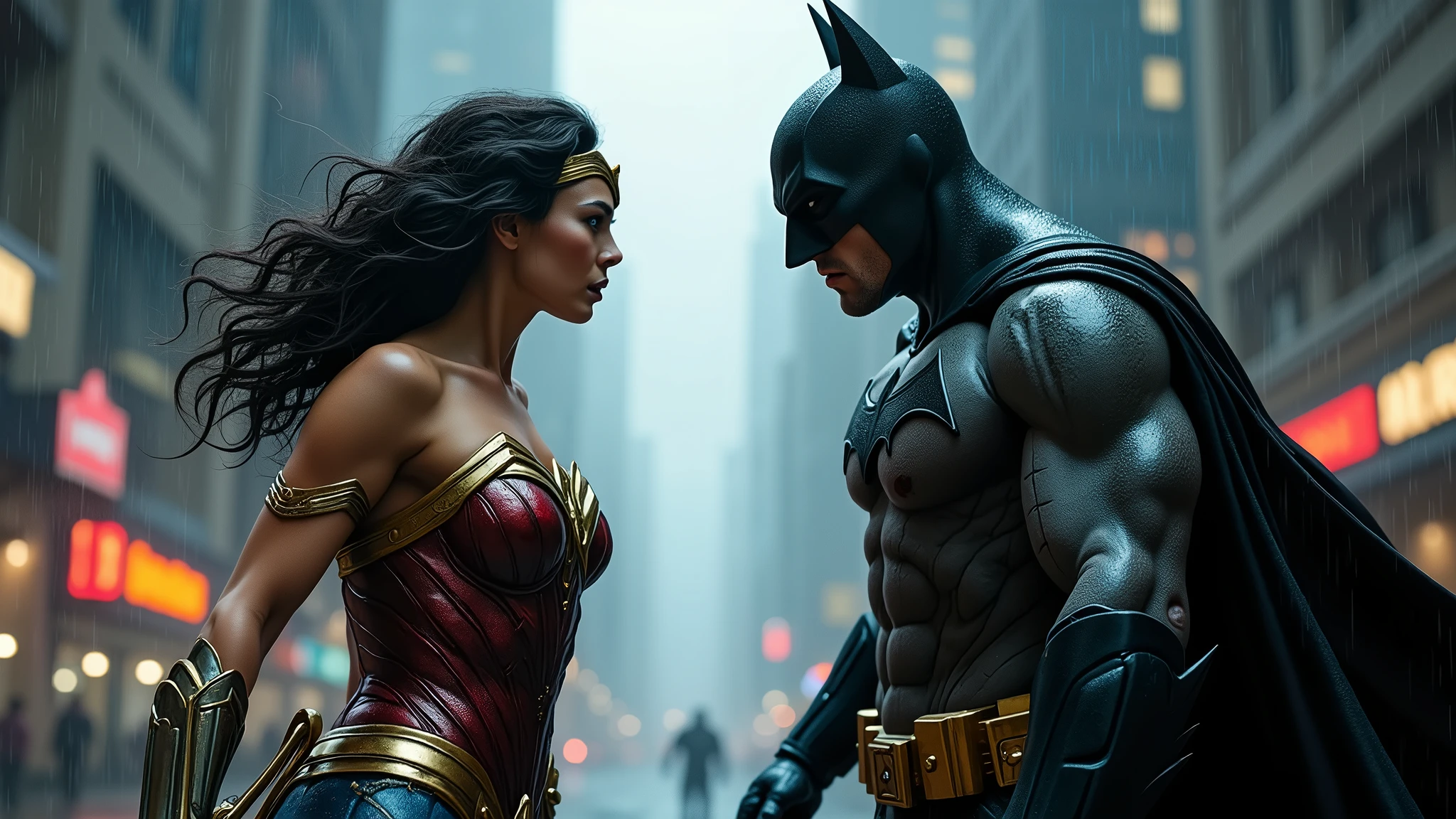 a ultra wide shot of Full body the Wonder woman vs batman in an epic cinematic fight in Gotham City on a rainy night, Battle of heroes, ultra detailed hero clothing, high resolution, ultra realistic, 4k, Wet hair and skin    -v