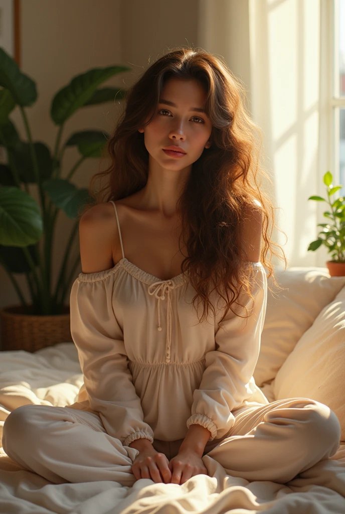 (photorealism:1.2), beautiful woman, sitting on bed, wearing loose off-shoulder top, pajama pants, long curly hair, indoors, soft lighting, plants in background, window with sunlight, cozy room, relaxed pose, realistic, intricate details, warm colors, by Greg Rutkowski, by Alphonse Mucha