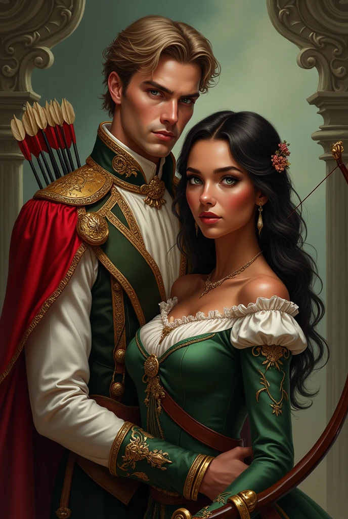 Prince of Monaco man dressed according to his rank with his insignia extremely handsome and manly with an athletic and vigorous body, platinum brown hair, white skin and eyes as blue as the sky. The woman of Apache and English descent, extremely fine in her features but with cinnamon skin and green eyes, with a perfect body and curves, dressed like a Robin Hood with her bow and arrow and the prince behind her.. , Both are set in the Victorian era