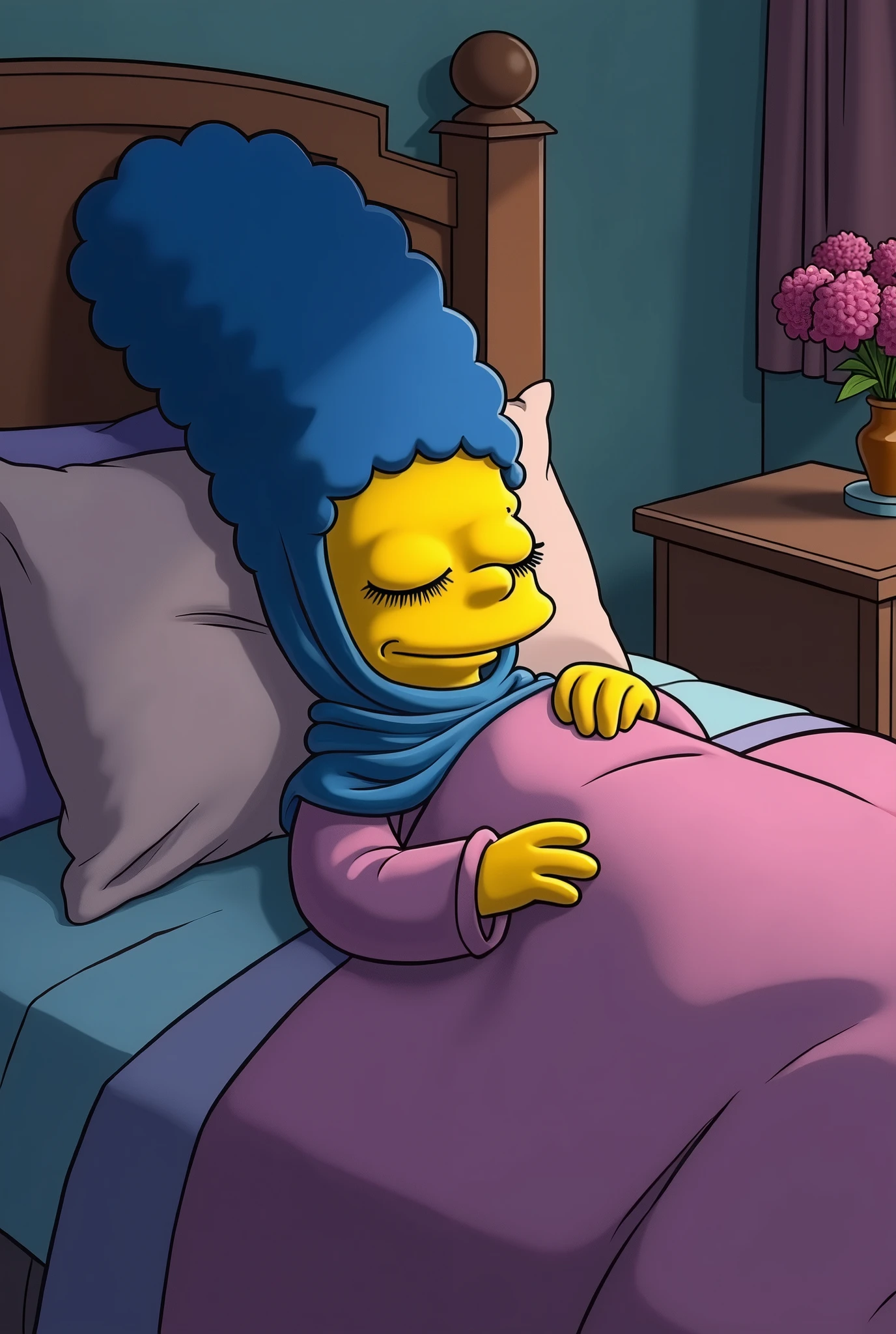 Marge Simpson laying in bed sleeping with a hijab on covering her hair
