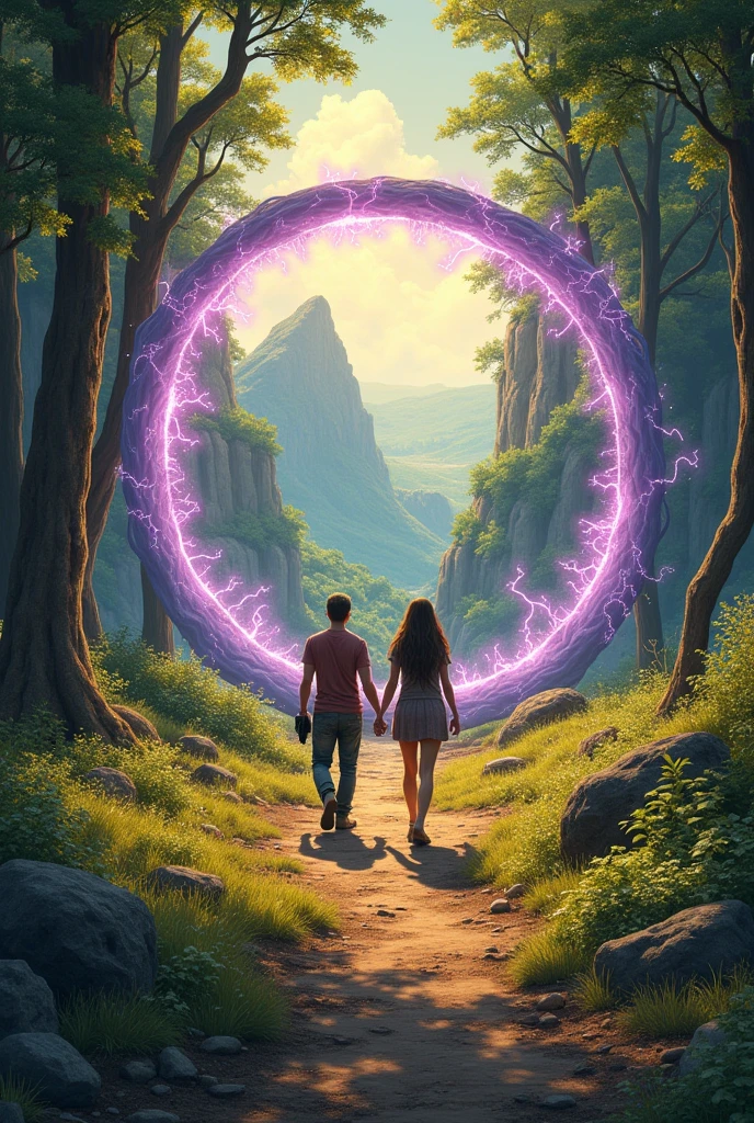 Style dessin
Journée ensoleillée,
Un homme et une femme aux cheveux longs, d'une trentaine d'années se trouvant au millieu d'une clairière entourée d'arbres, de dos se tenant par la main, en tenue post apocalyptique traversent ensemble un vortex  circulaire touchant le sol, la circonférence de ce vortex est electrisée teinté de violet, il est situé à quelques mètres d'eux, au travers de ce vortex on aperçoit un plateau rocheux surplombant une vallée luxuriante
