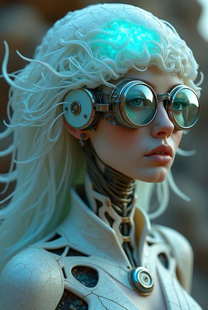Ethereal Cyborg Woman, bioluminescent jellyfish tiara. Steampunk goggles merge with translucent tentacles. Cracked porcelain skin meets iridescent scales. Mechanical implants and delicate tendrils intertwine. Human characteristics with an otherworldly glow. Dreamy aquatic tones contrast with aged metal. Reflective eyes capture invisible worlds. Gentle bioluminescence meets a harsh desert landscape. Fusion of organic and synthetic, ancient and futuristic. Hyper-detailed textures, surreal atmosphere.