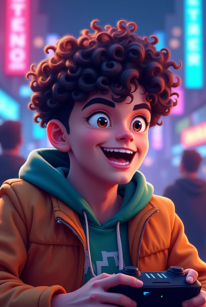 Image for a video game channel that has curly hair and is a man , White skin color