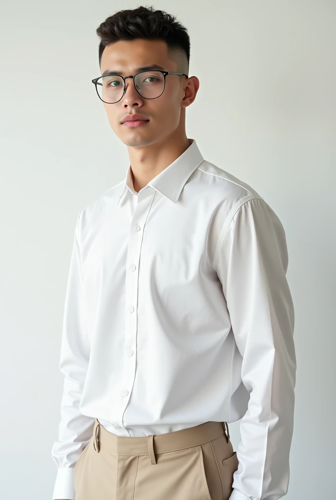 best qualityer:1.4), (ultra high resolution:1.2), (photorrealistic:1.6), (8k, CRU photo:1.2), A 20 year old young man. Haircut with shaved sides and short top. He is wearing a white long-sleeved, high-neck shirt.. beige social pants. transparent eyeglasses. Camera focuses on the face. Standing in a photo studio with a white background