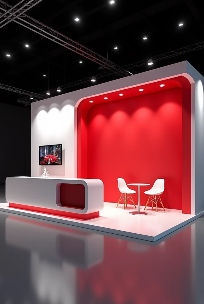 I need an image of an advertising stand for exhibition, which measures 3.00 meters wide by 2.00 meters deep by 2.40 meters high, which is innovative and at the same time simple but elegant, combines the colors red and white, leaves on the side walls space to put advertising, the stand must have a side wall and a back wall