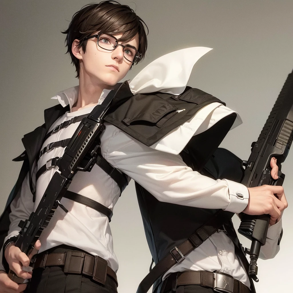 White skinned boy, with round glasses, short dark brown hair, kind of messy, brown dark eyes, serious expression, holding a gun and wearing cyberpunk style army clothes