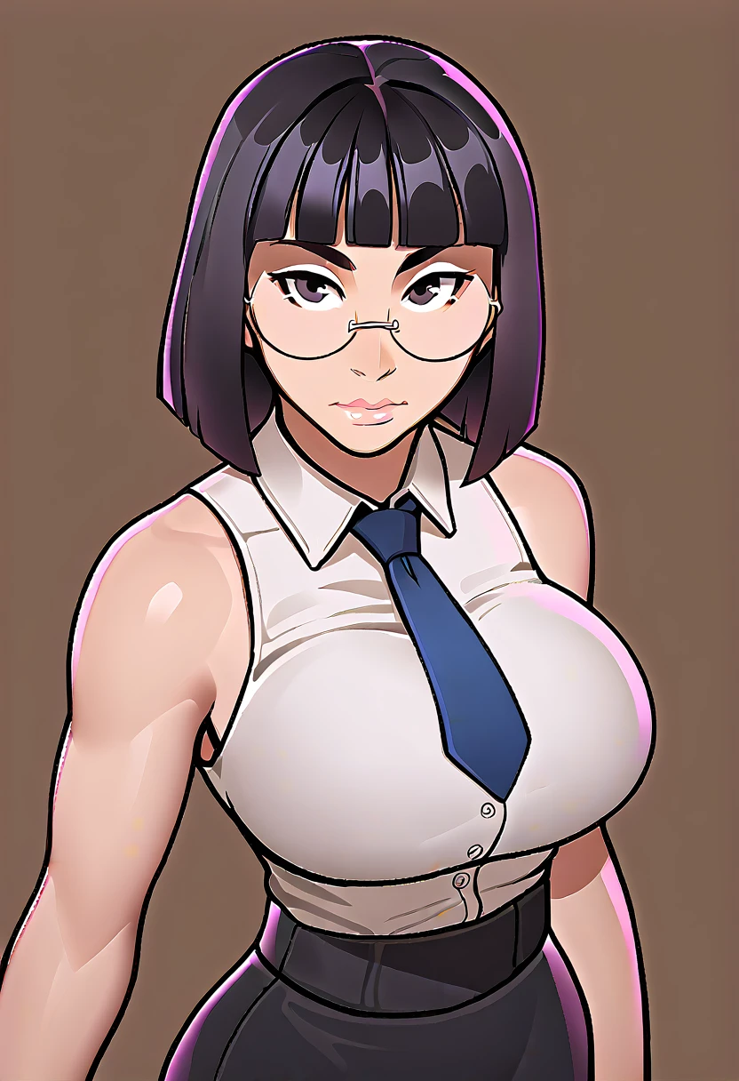 score_8_up. score_7_up, score_9, masterpiece, perfect eyes BREAK
asian girl, black eyes, black hair, hime cut, bangs, medium hair, collared shirt, round glasses, huge breasts, full lips, shiny lips, closed mouth, high cheekbones, sleeveless, slim body, necktie, pencil skirt, looking at viewer