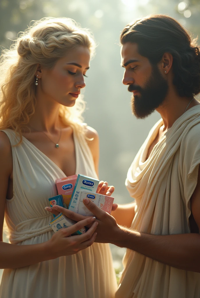 Saphos from Lesbos in a white dress and short dark hair holds Durex products in her hands. Aphrodite with blonde hair is talking face to face with Zeus