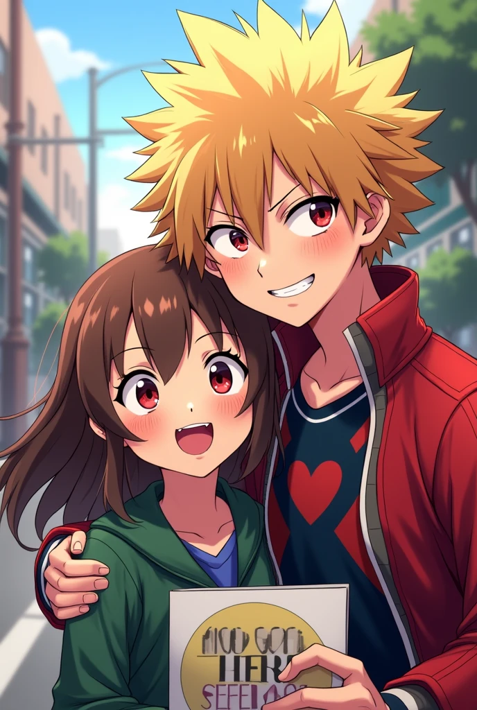 A brown-haired girl taking a selfie with Katsuki Bakugo, he&#39;s blond and he has red pupils and an angry but happy expression for the selfie. And he gives me a poster of (I Love You) ,a number one hero from boku no hero academia 