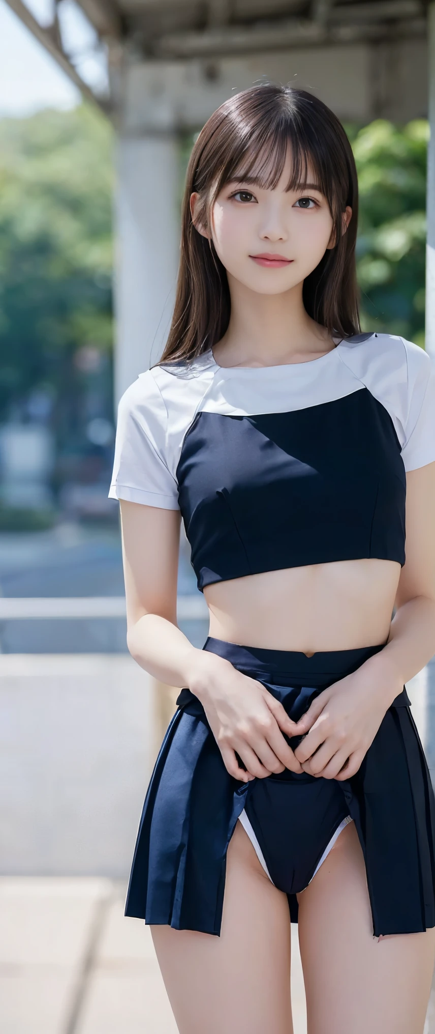 (masterpiece, Highest quality:1.2), 8k, Full nudityの, 85mm, Official Art, RAW Photos, スーパースリムなスレンダーbeautiful girl, (When I lifted up my short navy blue skirt、Full nudity下Half Body, I can see your crotch.:1.8)、Short sleeveの白シャツ、Show me your ears、Naked photoshoot、Full nudity, Cute Face, close, Half Body, Biolace, Gardenia, beautiful girl, , Thighs, Short sleeve, Standing on the station platform, Looking at the audience, No makeup, (Face with a wry smile), Film Grain, chromatic aberration, Sharp focus, Face Light, Bright lighting, 10 generations, Detailed face, Background blur, (Dark red tie:1.1)、((((((Small waist))))))、((((((の美しい美乳のFull nudity女子高生)))))