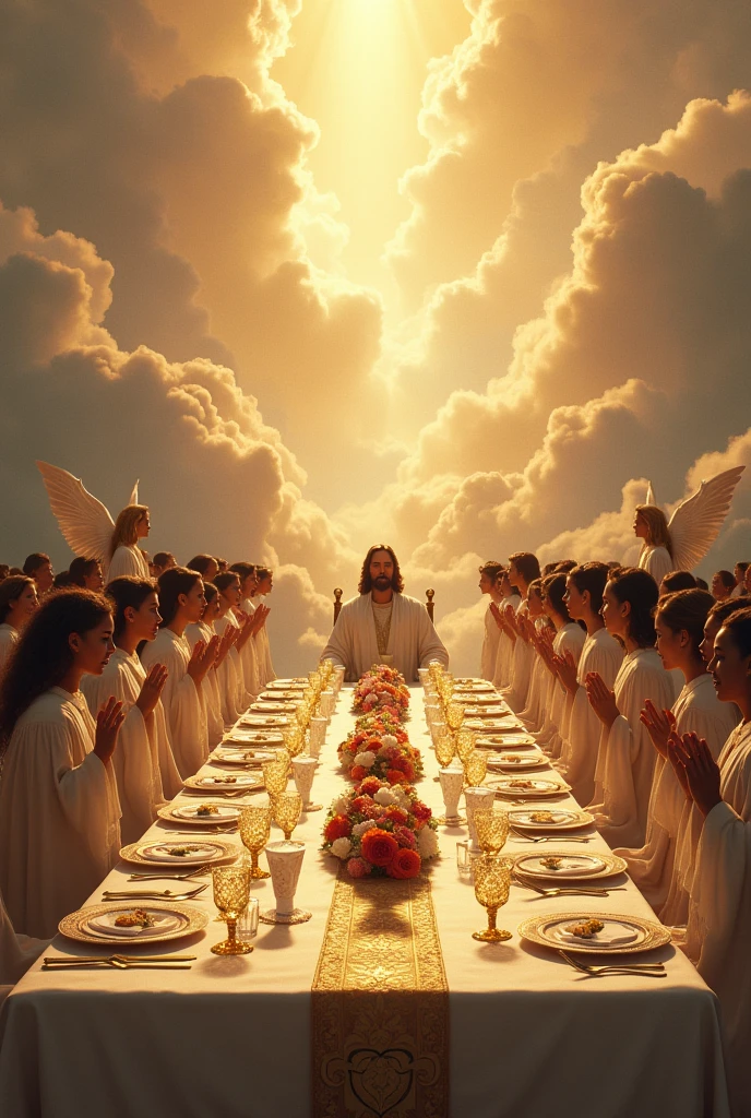 Create an extremely long table with Jesus sitting in the background with a white tablecloth and flower centerpieces, dressed up like for a wedding, with gold plates and cups, and golden chairs and men and women dressed in white robes coming to sit on the chairs among the clouds of heaven and angels standing behind the chairs