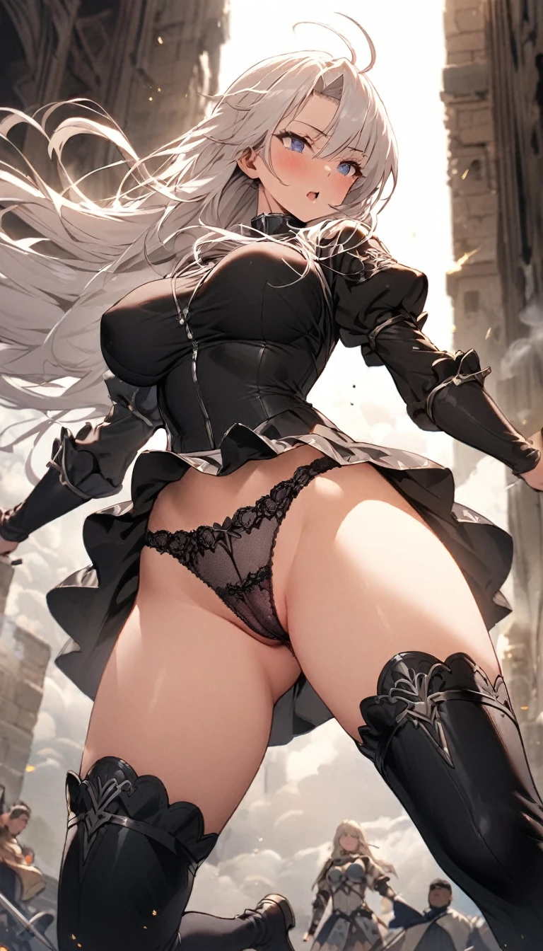 Ultra-high definition image quality、beautiful girl、Female Swordsman、Light Armor、Greeboots、Long Hair、Silver Hair、20-year-old、have confidence々face、Very short tight skirt、Sexy stance、Cowgirl、wilderness、Highest quality,Big Ass、Big Breasts、Thighs、god槍グングニルを握る、Black luxurious embroidered lace panties、Kick off with your feet and jump、Joan of Arc style clothing、Wind King Barrier、Her hair is fluttering in the wind、The Sword of Promised Victory、god々Wearing a bright aura、Big Ass、Valkyrie the War Maiden、Crotch close-up、Angle from directly below、Steam from the crotch