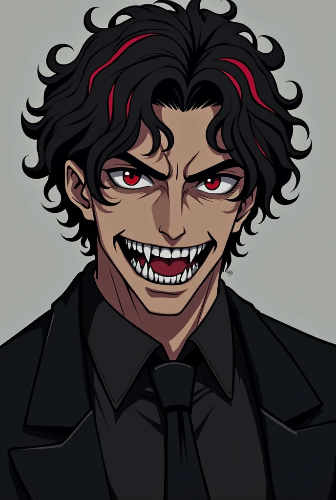 Anime man over 40 years old, curly hair, black color with dark red highlights, Red eyes, a big evil smile, black suit.