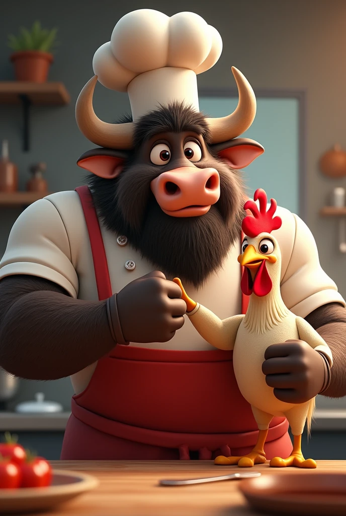 Animated image of a muscular buffalo chef with a rooster chef fist bumping in a friendship pose looking straight ahead