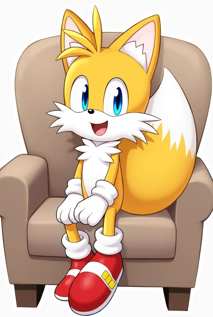 Tails solo, looking at viewer, smile, 1boy, full body, sitting on chair with his legs crossed looking at viewer