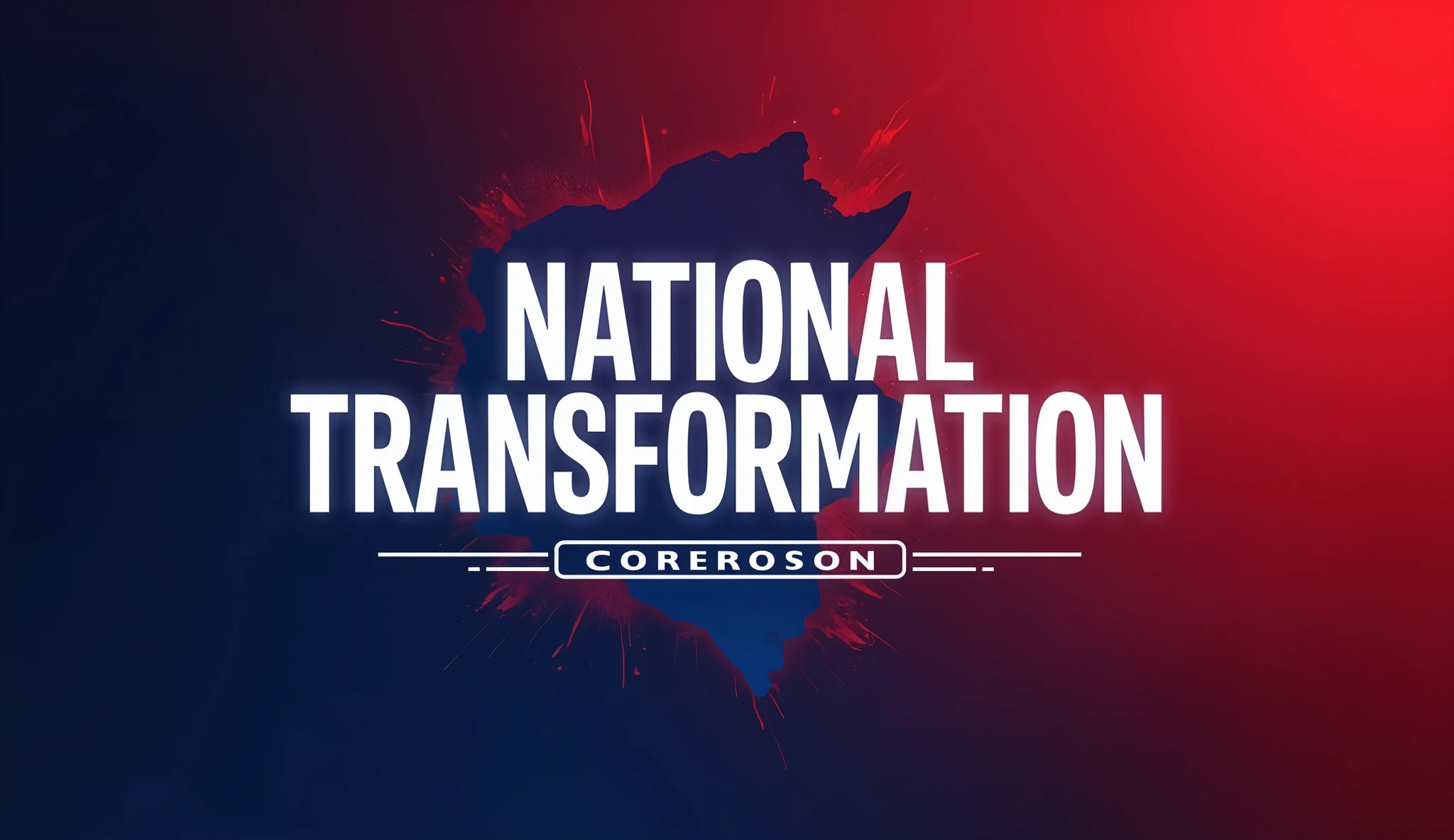Title of the project: Banner for "NATIONAL TRANSFORMATION" Description: Design an impressive banner for a Peruvian political party with the name "NATIONAL TRANSFORMATION". The banner should use a color palette that includes red, Blue and white to reflect a patriotic and modern image. Specifications: colors: red: Use a vibrant red to give energy and vitality. blue: Incorporates a deep blue to convey confidence and stability. white: Use white for details and highlights in text and other elements. Text: The main text should be "NATIONAL TRANSFORMATION". Use modern, eye-catching typography that is easy to read and visually striking.. Apply white glow effects to letters to make the text pop and have an elegant finish. Geographic Image: Include a stylized image or silhouette of the geography of Peru in the design. You can place it subtly in the background or creatively integrate it with the text.. General Design: The banner should be visually appealing and professional, suitable for a political party. Make sure the design is balanced and the colors complement each other well.. The text should be the main focus, with the geographic image of Peru adding context without being too distracting. FORMAT y Size: FORMAT: High quality PNG or JPEG. Size: Make sure the banner has the appropriate dimensions for its intended use. (For example, 1000x4000 pixels for a web banner). The text must be in Spanish , that has nothing to do with the United States, that is a somewhat dark red and blue